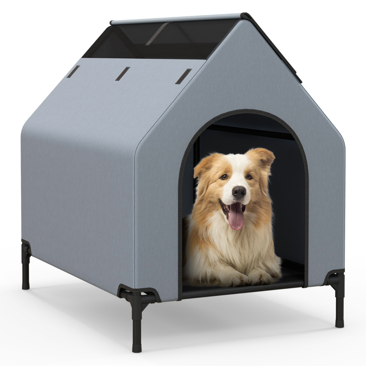 Casa Elevada para Perros de 91CM para Razas Pequeñas con Ventanas Ventiladas Cubierta Extraíble para Interior y Exterior Costway