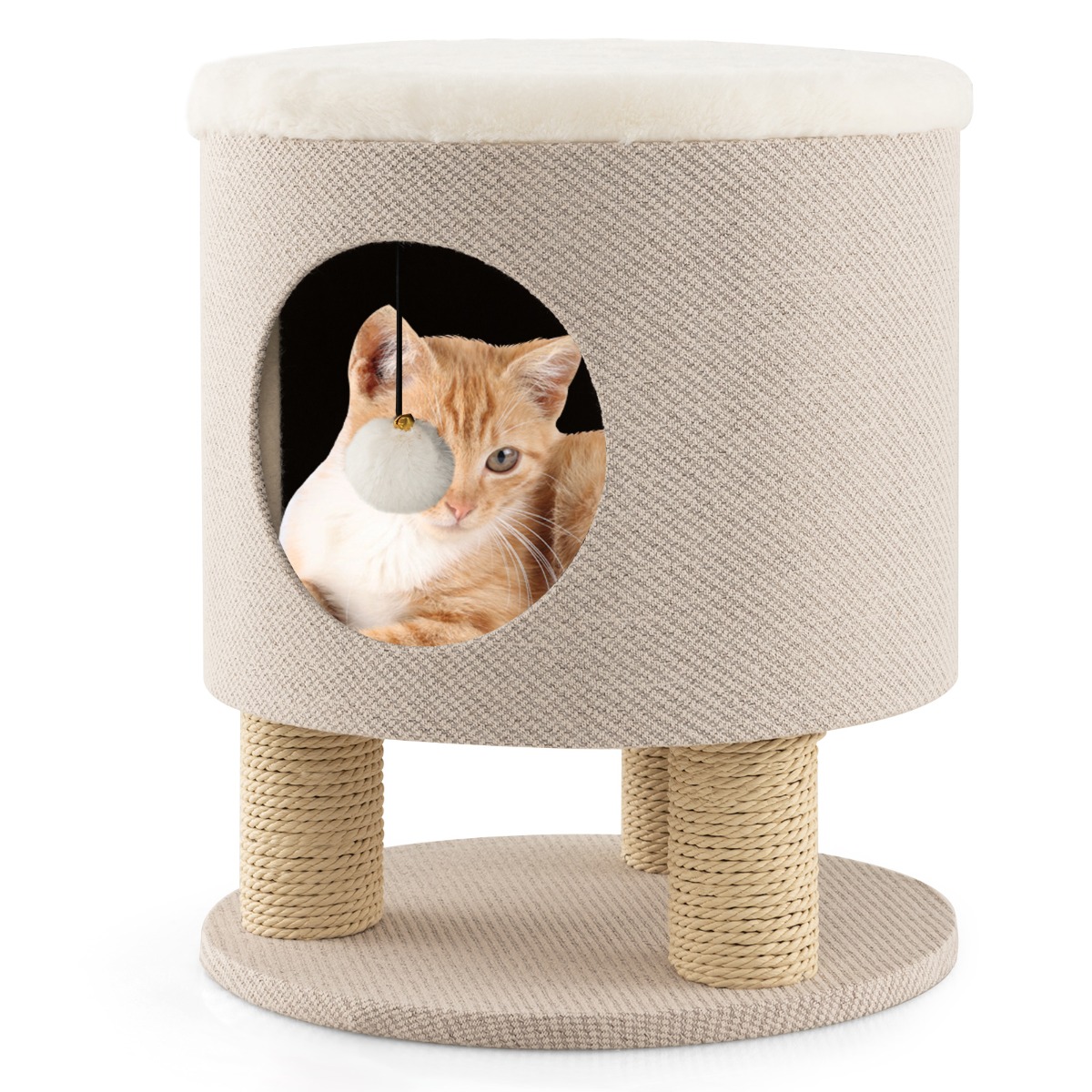 Casa para Gatos Otomana Taburete con Condominio Poste Rascador y Bola de Felpa 40 x 40 x 47 cm-Beige Costway