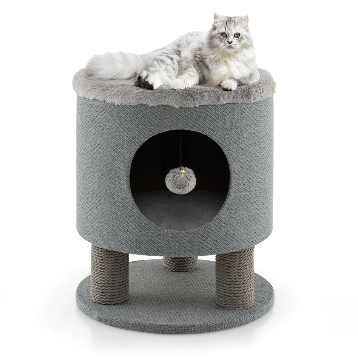 Casa para Gatos Otomana Taburete con Condominio Poste Rascador y Bola de Felpa 40 x 40 x 47 cm-Gris Costway