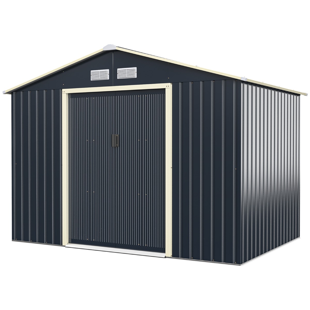 Caseta de Metal para Exterior Cobertizo con 4 Respiraderos Puertas Individuales Correderas Casita Organizador para Jardín-Principal + Extensión-277 x