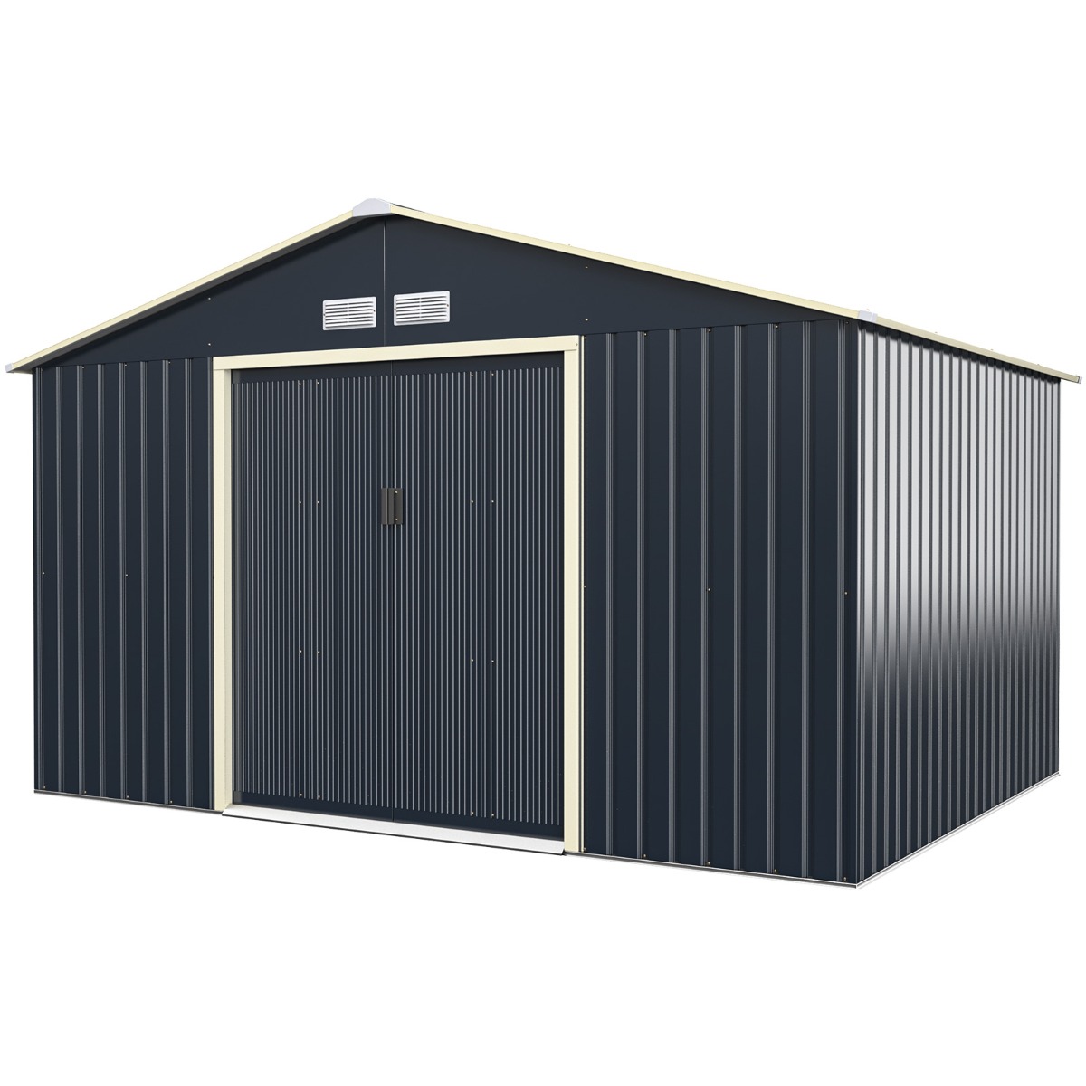 Caseta de Metal para Exterior Cobertizo con 4 Respiraderos Puertas Individuales Correderas Casita Organizador para Jardín-Principal + Extensión-340 x