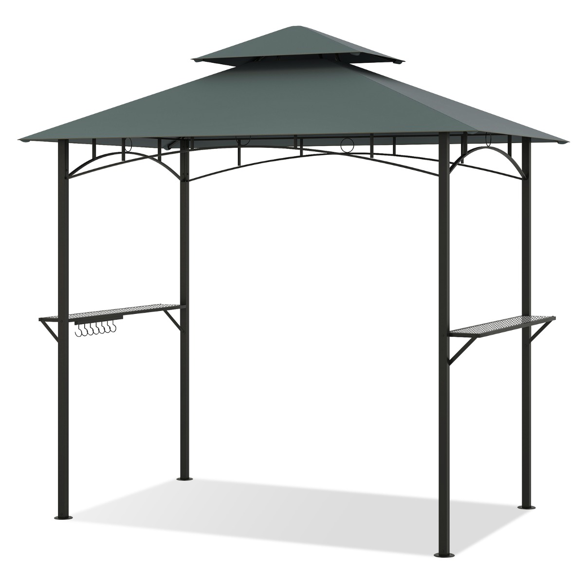 Cenador para Parrilla de Doble Nivel con 2 Estantes y 7 Ganchos Estructura Metálica Toldo Suave para Jardín Terraza Gris Costway