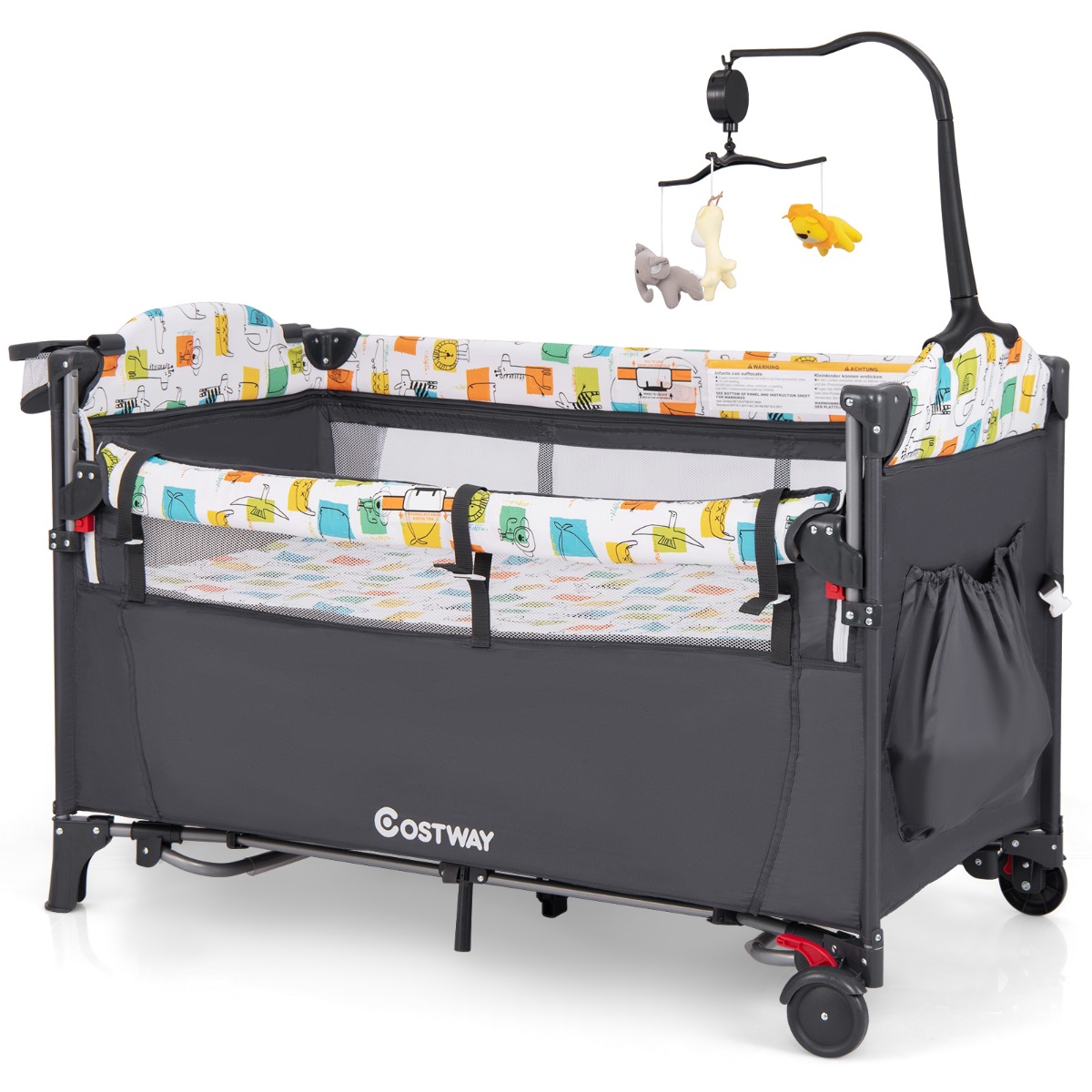 Centro de Guardería para Bebés Cuna de Colecho Convertible 5 en 1 Ajustable con Cambiador Ruedas Juguetes 125 x 65 x 78 cm Gris Costway