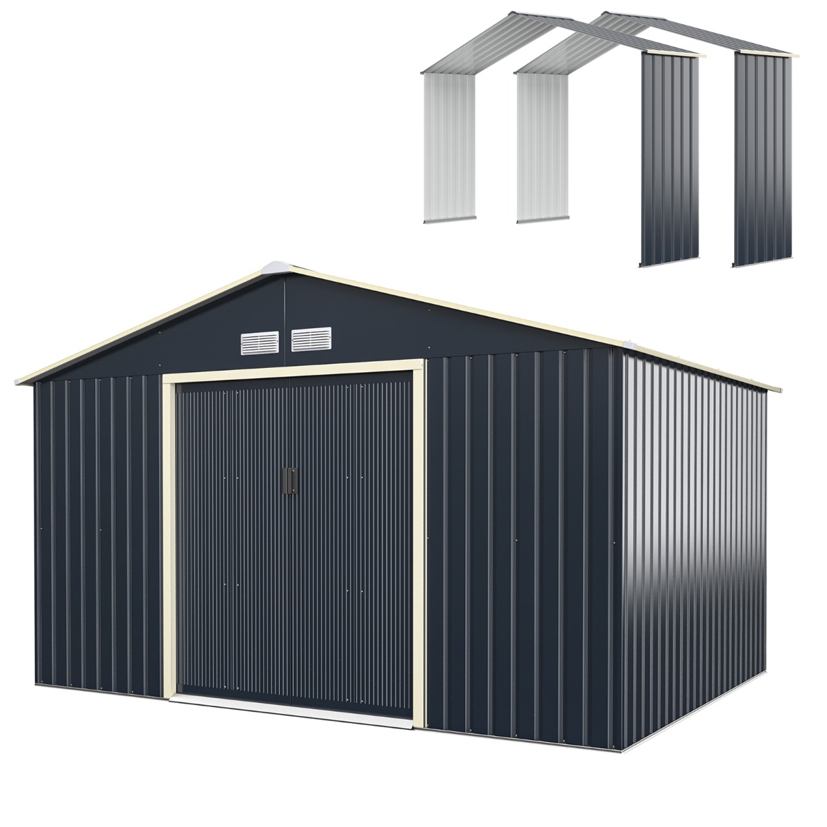 Cobertizo de Metal para Exterior con 2 Extensiones de Acero con 4 Respiraderos Puertas Correderas para Jardín Patio Granja 340cm Costway