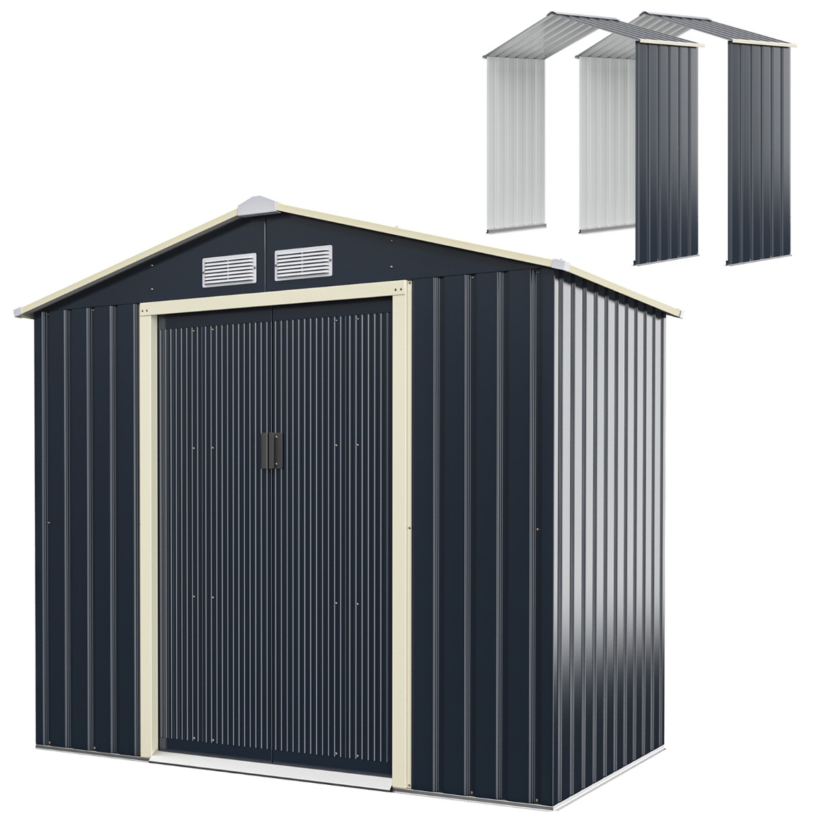 Cobertizo de Metal para Exterior con 2 Extensiones de Acero con 4 Respiraderos Puertas Correderas para Jardín Patio Granja 213cm Costway