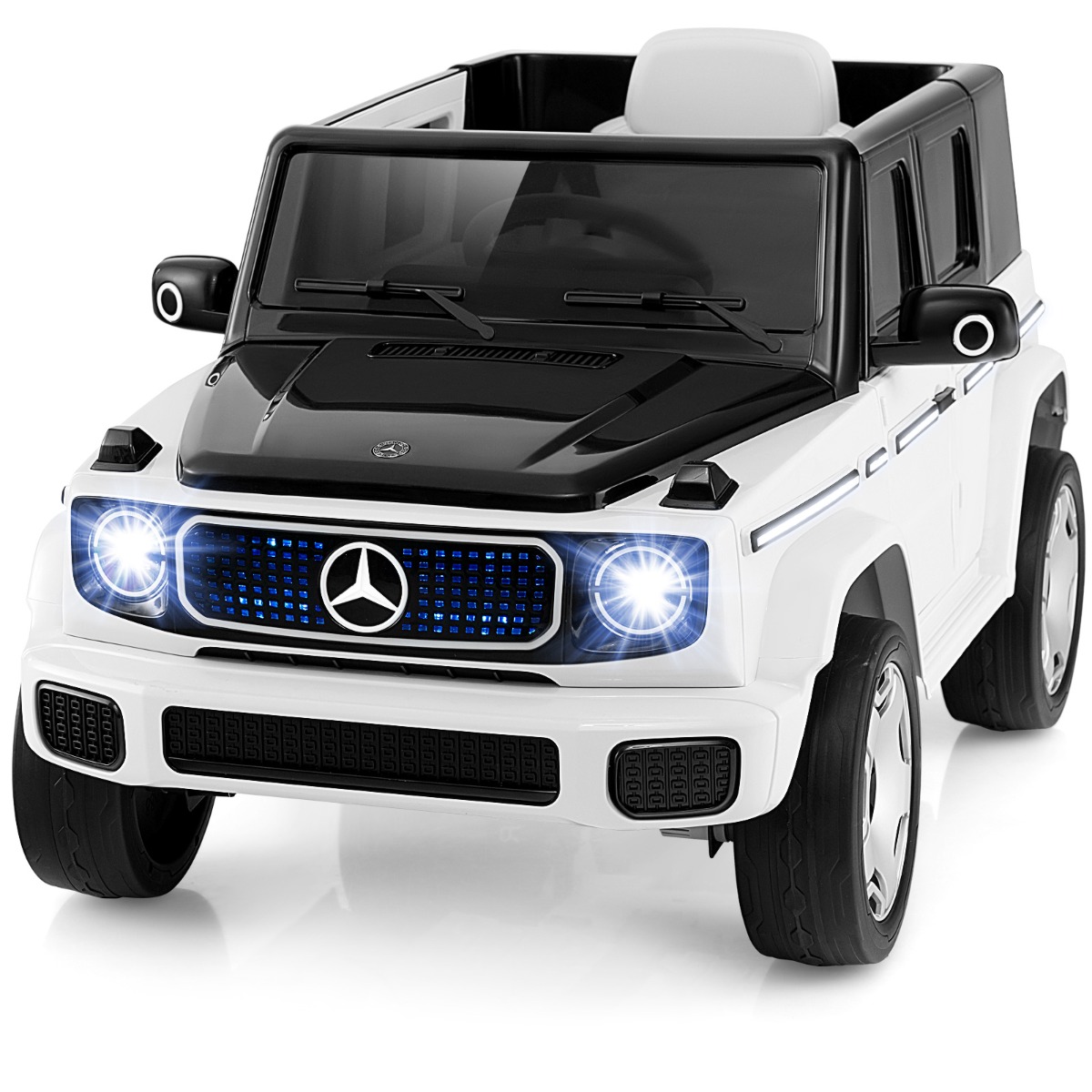 Costway Coche Eléctrico para Niños con Licencia Mercedes-Benz 4WD de 12V 9AH con Control Remoto Batería Extraíble Luces LED Música Bocina Blanco