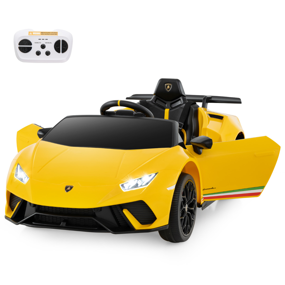 Costway Coche Eléctrico para Niños con Licencia Lamborghini Coche Deportivo 12V con Control Remoto Luces LED Música Bocina Arranque Suave Amarillo