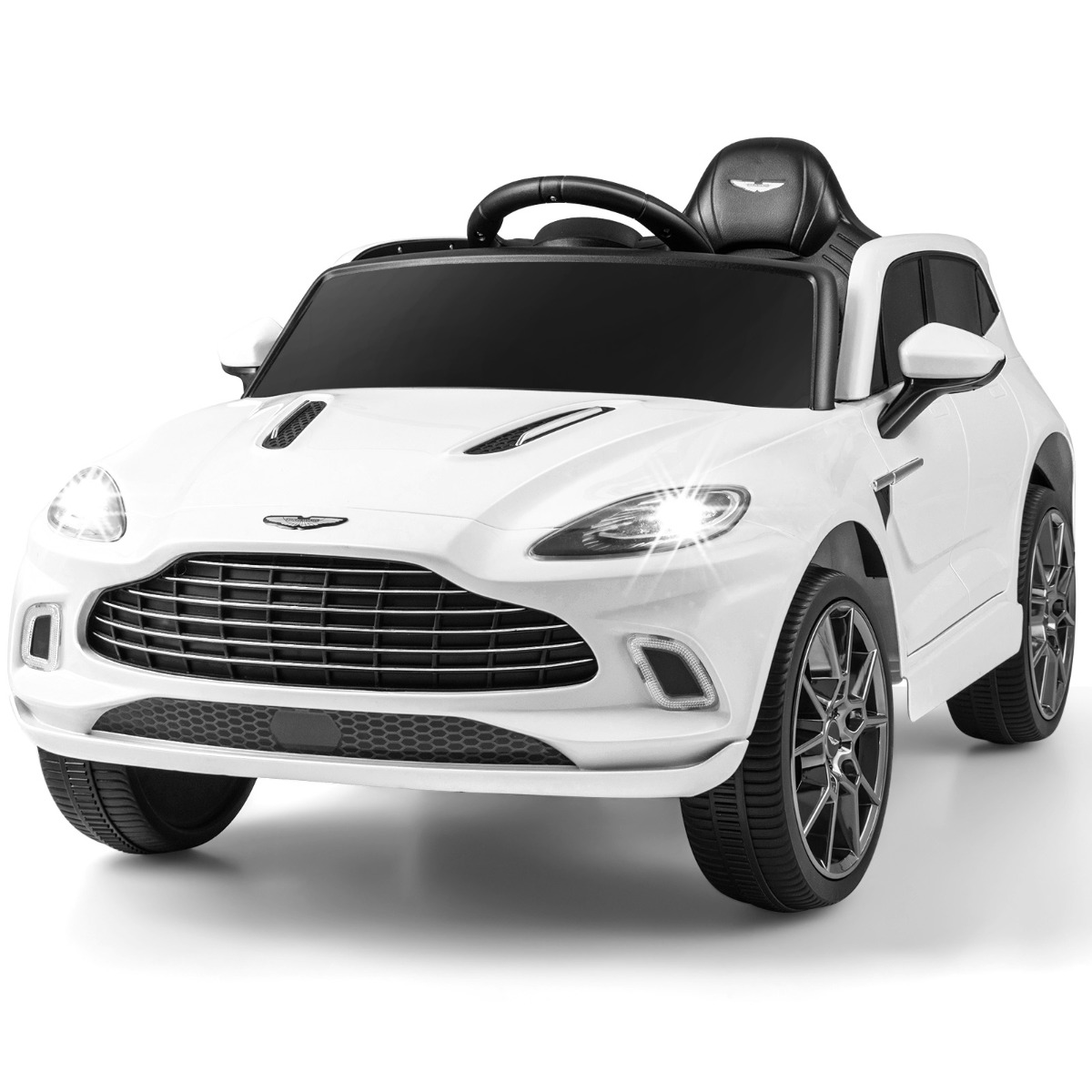 Costway 12V Coche Eléctrico para Niños Aston Martin DBX con Puertas Dobles Bloqueables Control Remoto Arranque Lento Luces LED USB Bocina Blanco