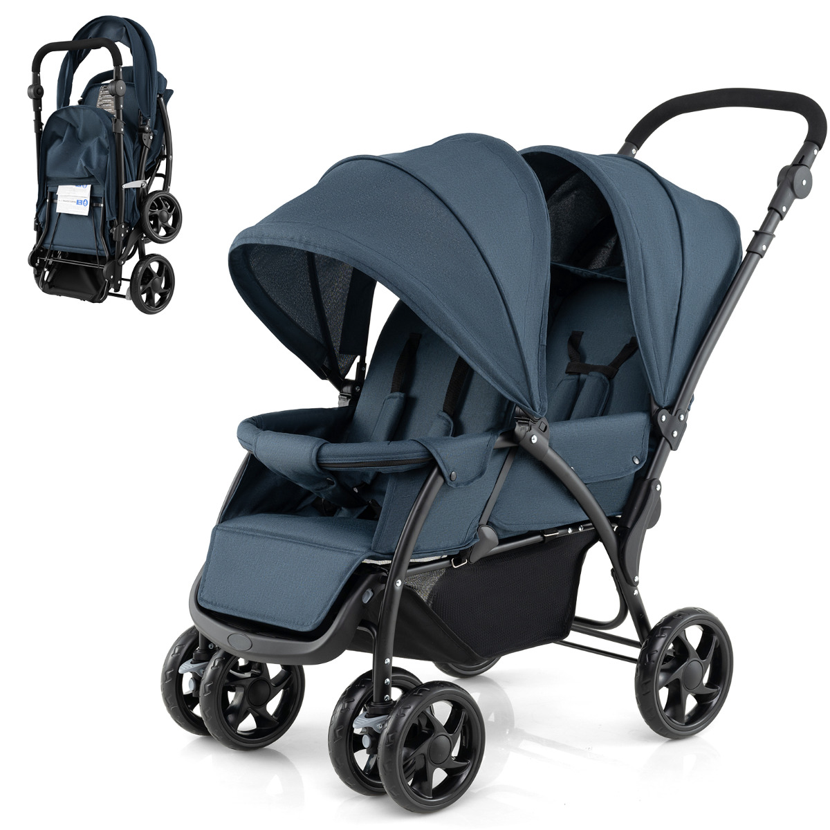 Cochecito de Bebé Doble Plegable con Asiento y Dosel Cinturón de Seguridad Respaldo Ajustable Manija de Empuje Ruedas Bloqueables Azul Costway