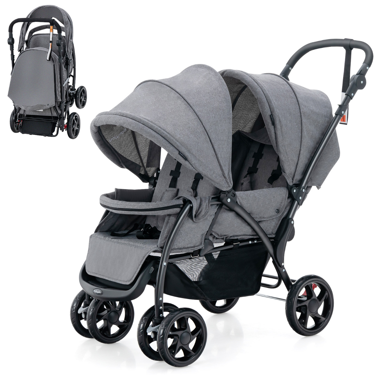Cochecito de Bebé Doble Plegable con Asiento y Dosel Cinturón de Seguridad Respaldo Ajustable Manija de Empuje Ruedas Bloqueables Gris Costway