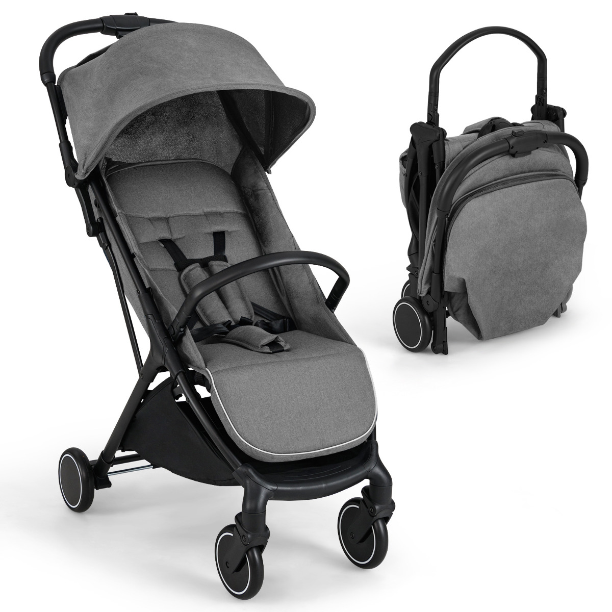 Cochecito Ligero para Bebé Compacto de Viaje Diseño Plegado por Gravedad con una Mano Portátil con Respaldo Reclinable Capota Gris Costway