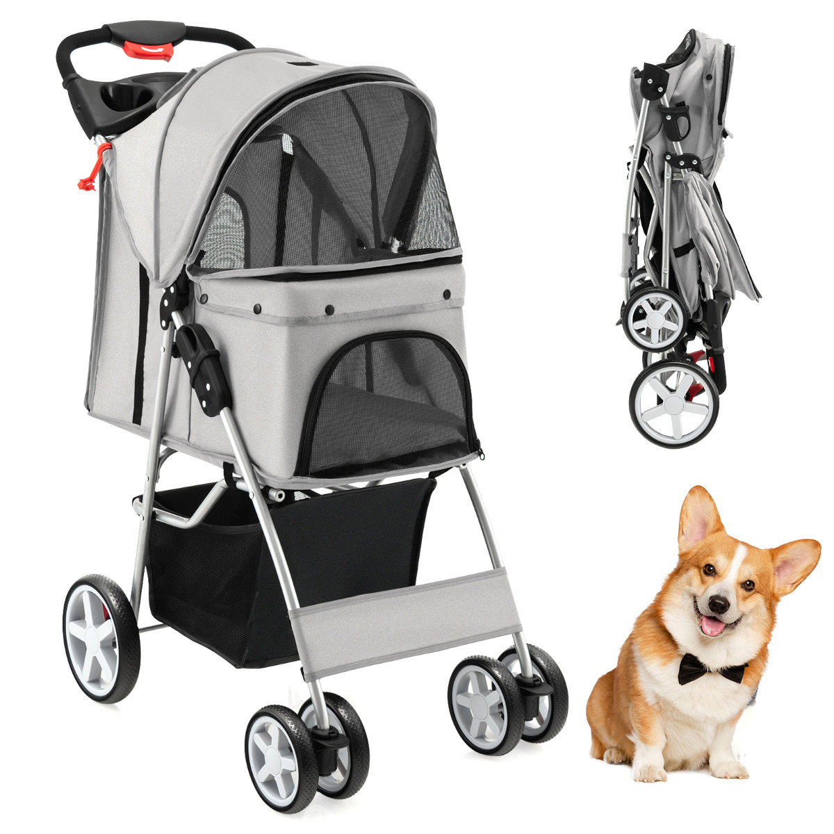 Cochecito para Mascotas Plegable de 4 Ruedas Transportín de Viaje Portátil para Gatos/Perros con Cesta Ventana 87 x 46 x 102 cm Gris Costway