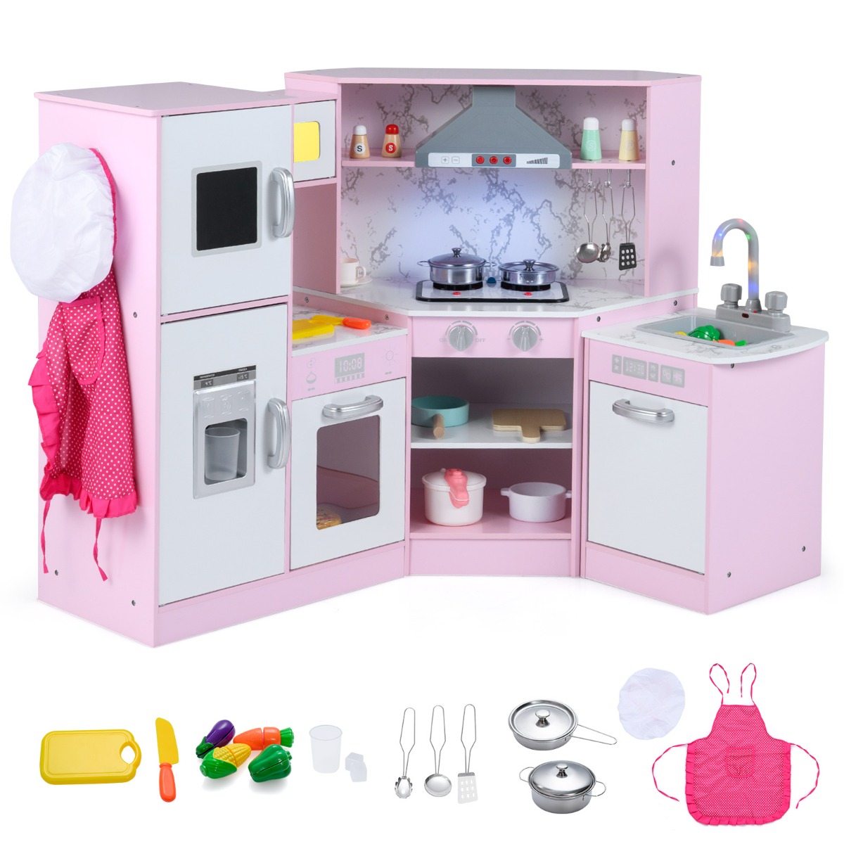 Juego de Cocina de Esquina de Madera con Lavabo Separado Sonidos y Luces Divertidos para Niños 3+ Años Rosa Costway