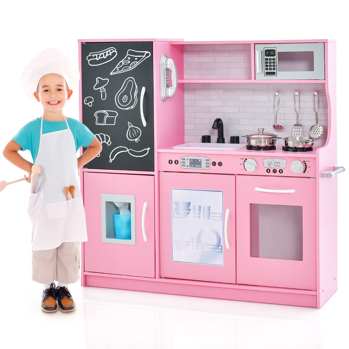 Juguete de Cocina de Madera con Accesorios y Sonidos Simulados para Niños de 3 a 6 Años 82 x 24 x 80 cm -Rosa Costway