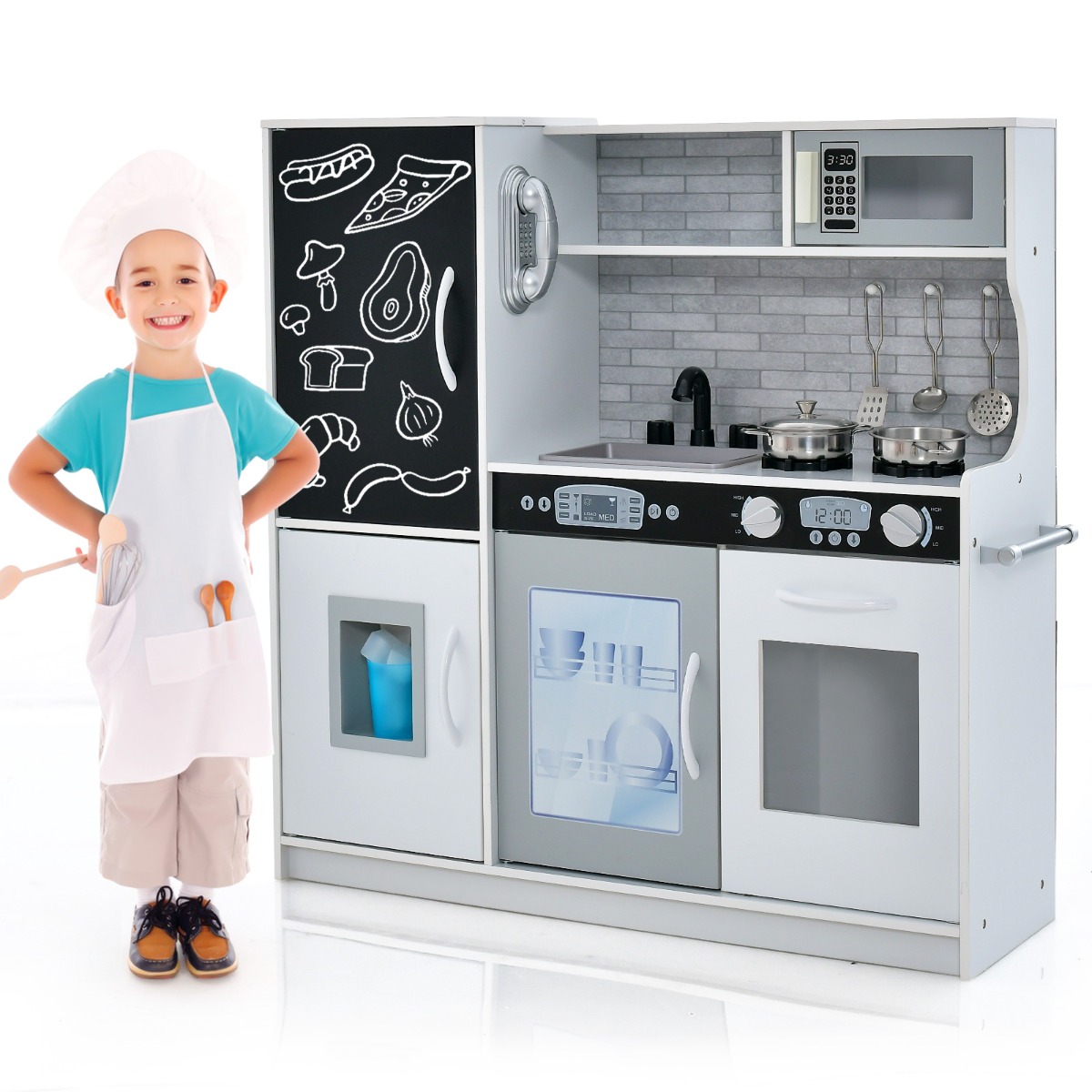 Juguete de Cocina de Madera con Accesorios y Sonidos Simulados para Niños de 3 a 6 Años 82 x 24 x 80 cm -Blanco Costway