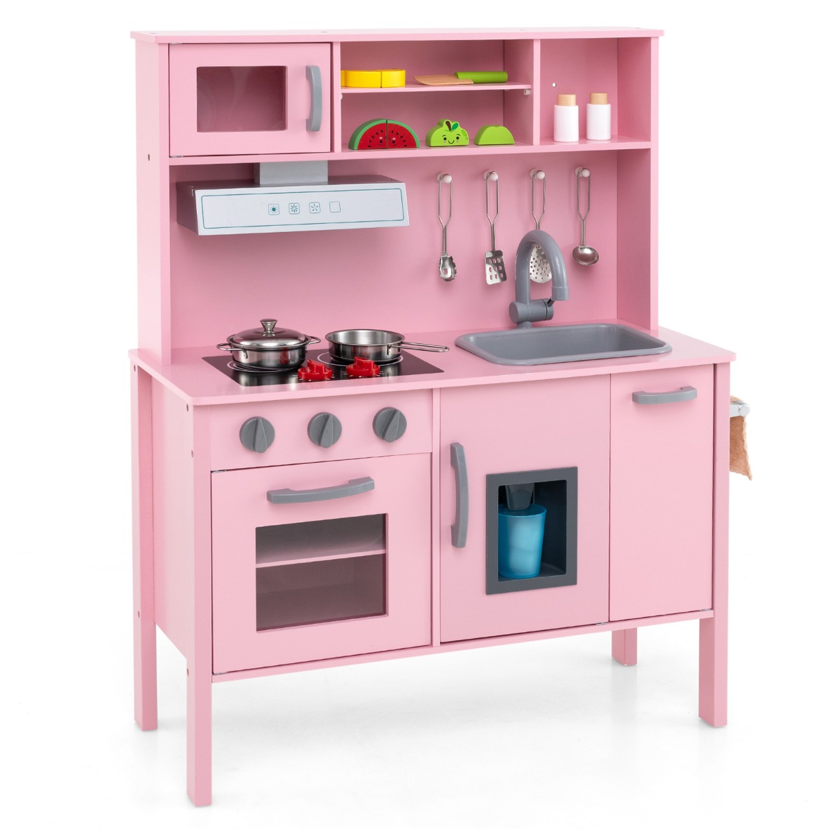 Cocina de Madera de Juguete para Niños con Microondas Campana Extractora Estufas Fregadero Fabricador de Hielo y 18 Accesorios Rosa Costway