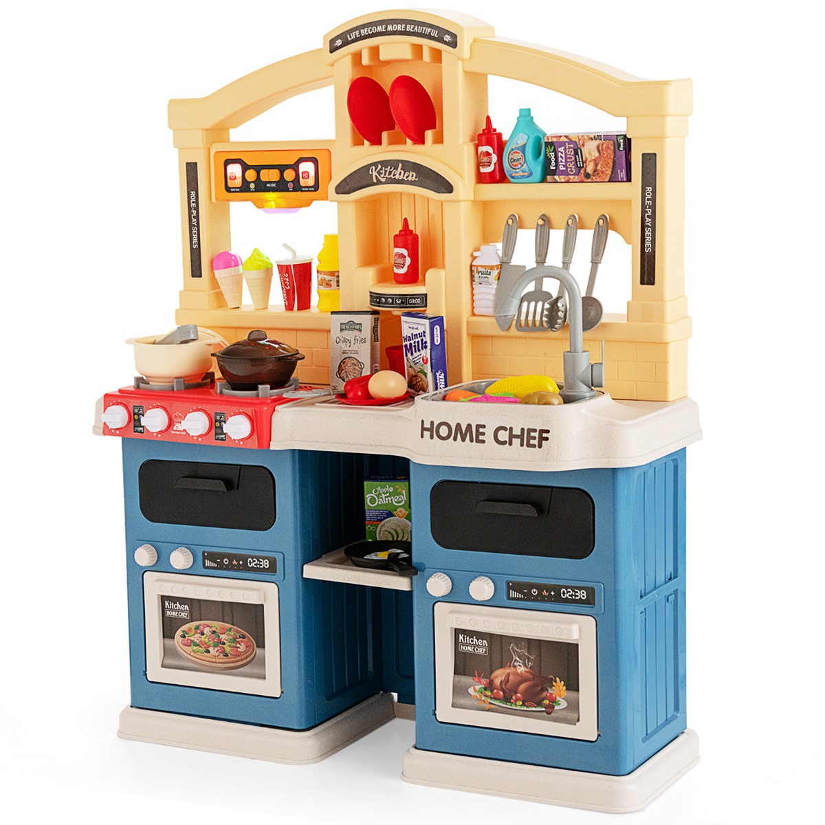 Juego de Cocina de 42 Piezas para Niños de 3+ Años con Efectos de Vapor Ebullición Música Agua Fregadero Utensilios de Cocina Azul Costway