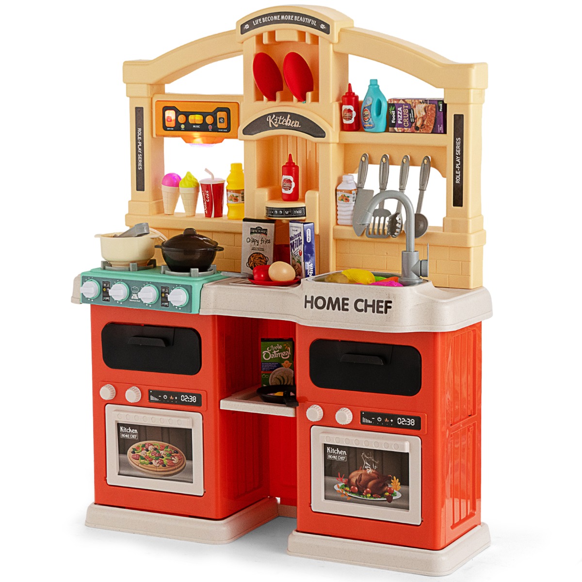 Juego de Cocina de 42 Piezas para Niños de 3+ Años con Efectos de Vapor Ebullición Música Agua Fregadero Utensilios de Cocina Naranja Costway