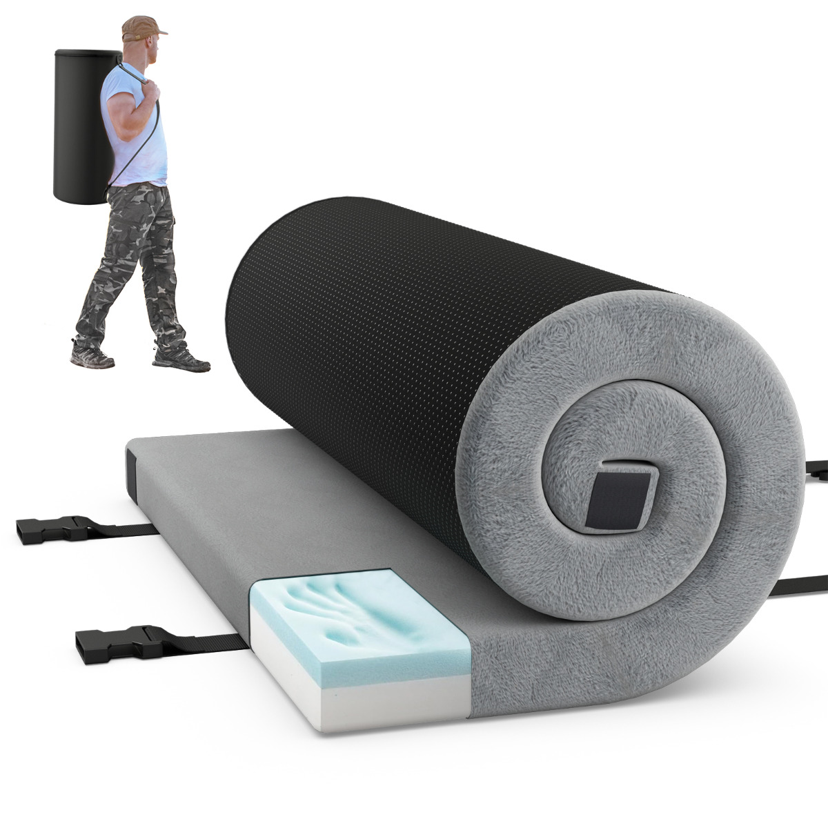 Colchón de Camping Colchón para Dormir con Cojín de Espuma de Alta Densidad y Fondo Antideslizante Plegable Portátil 188 x 78 x 6,5 cm Gris Costway