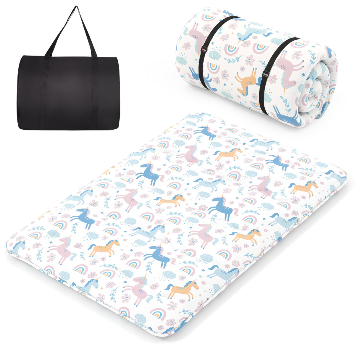 Colchón Enrollable Para el Suelo Tapete de Tatami con Funda Lavable Colchoneta Portátil con Bolsa de Transporte-Multicolor-200 x 140 x 10 cm Costway