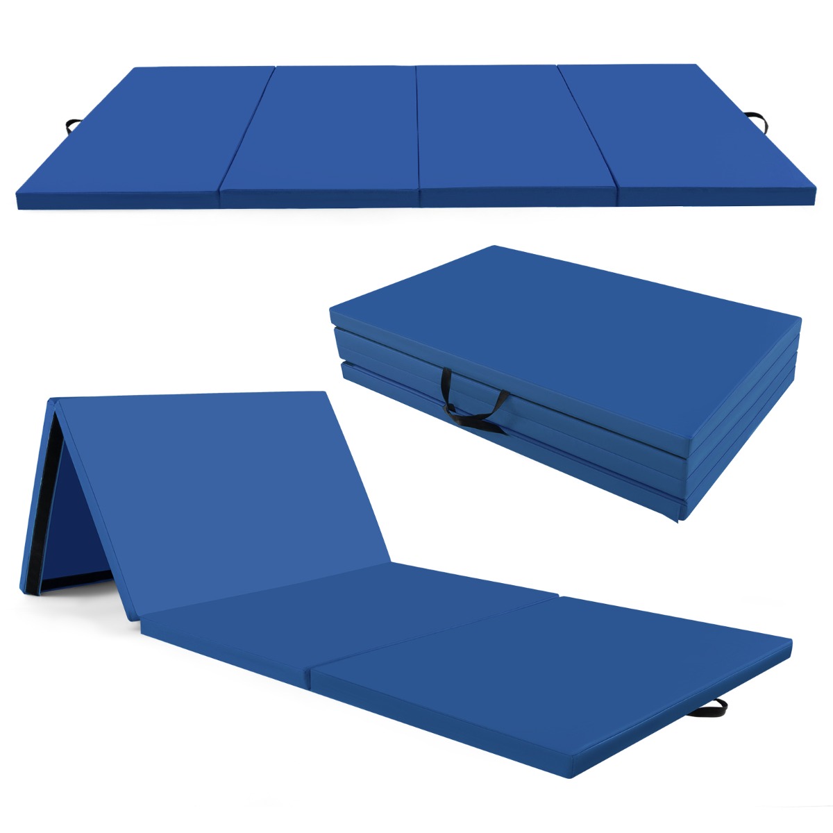 Colchoneta de Ejercicios Plegable de 4 Paneles con Asas de Transporte Cierre Tapete para Estiramientos 300 x 117 x 5 cm Azul Costway
