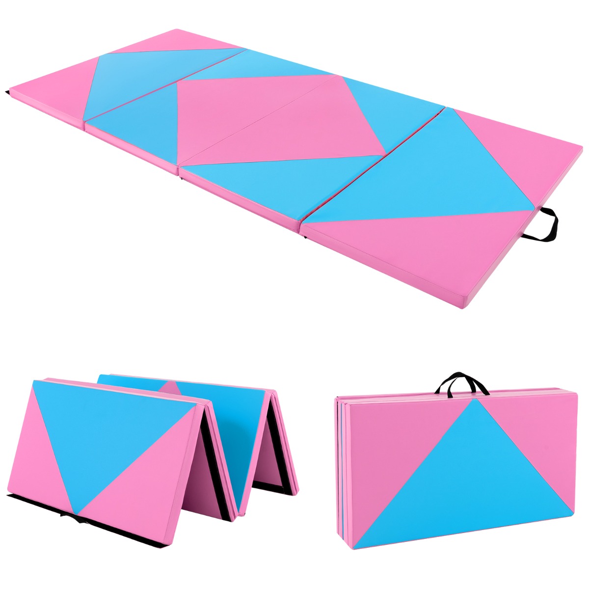 117 x 240 x 5 cm Colchoneta de Gimnasia de 4 Paneles con Asas de Transporte Colchoneta de Ejercicios Plegable Adecuada Azul y Rosa Costway