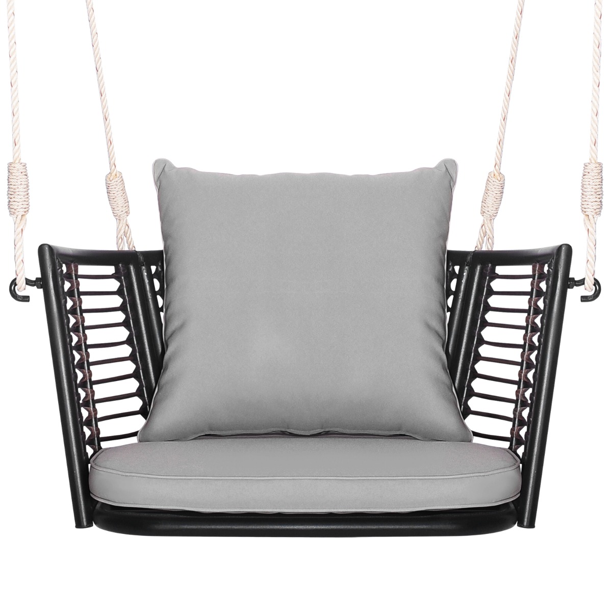 Columpio de Metal para 1 Persona con Respaldo de Ratán Tejido 2 Cuerdas para Colgar Cojines de Asiento Respaldo para Porche Patio-Gris Costway