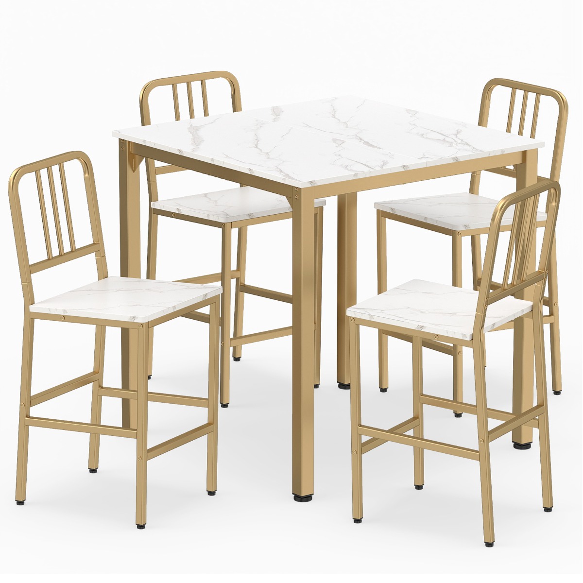 Conjunto de Mesa de Comedor para 4 Personas con Superficie de Mármol Falso Mesa Cuadrada Moderna y 4 Taburetes para Rincón Blanco Costway
