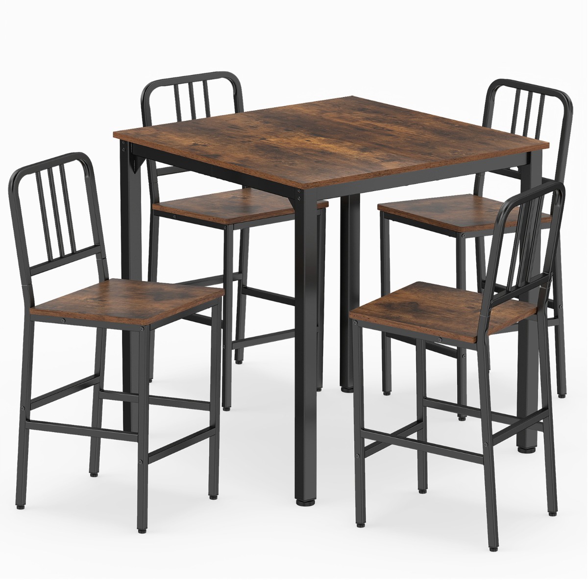 Conjunto de Mesa de Comedor para 4 Personas con Estructura Metálica Mesa Cuadrada Industrial y 4 Taburetes para Rincón Marrón Rústico Costway