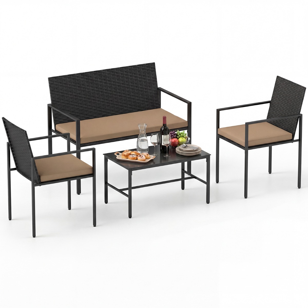 Conjunto Muebles Patio 4 Piezas Ratán Exterior Sillas y Sofá Mesa Café Vidrio Templado Cojines Suaves Jardín Porche Balcón Caqui Costway