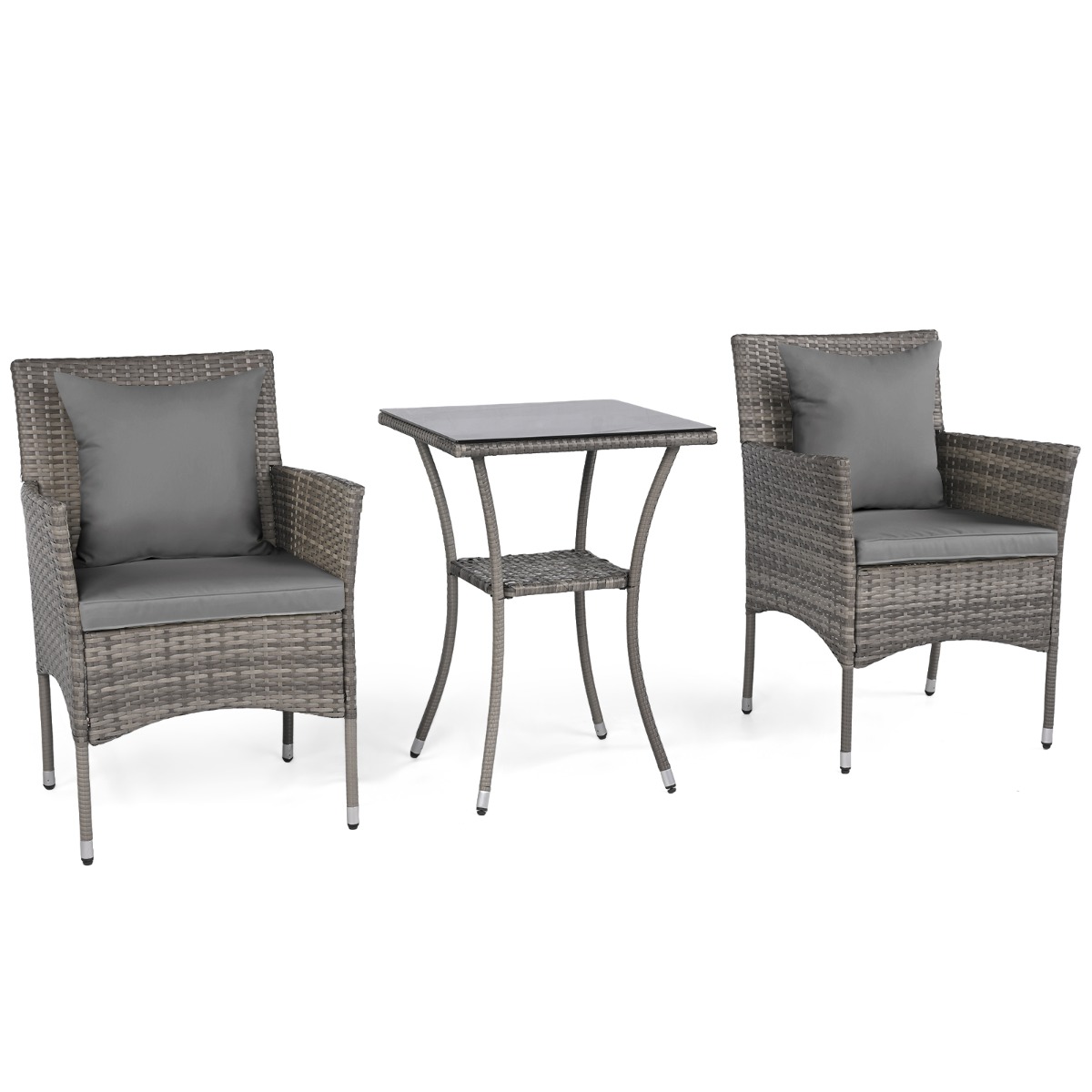 Conjunto Bistro para Patio de 3 Piezas Sillas Ratán Mimbre Gris Mixto con Mesa Doble Capa Cristal Templado Cojines Gris Costway