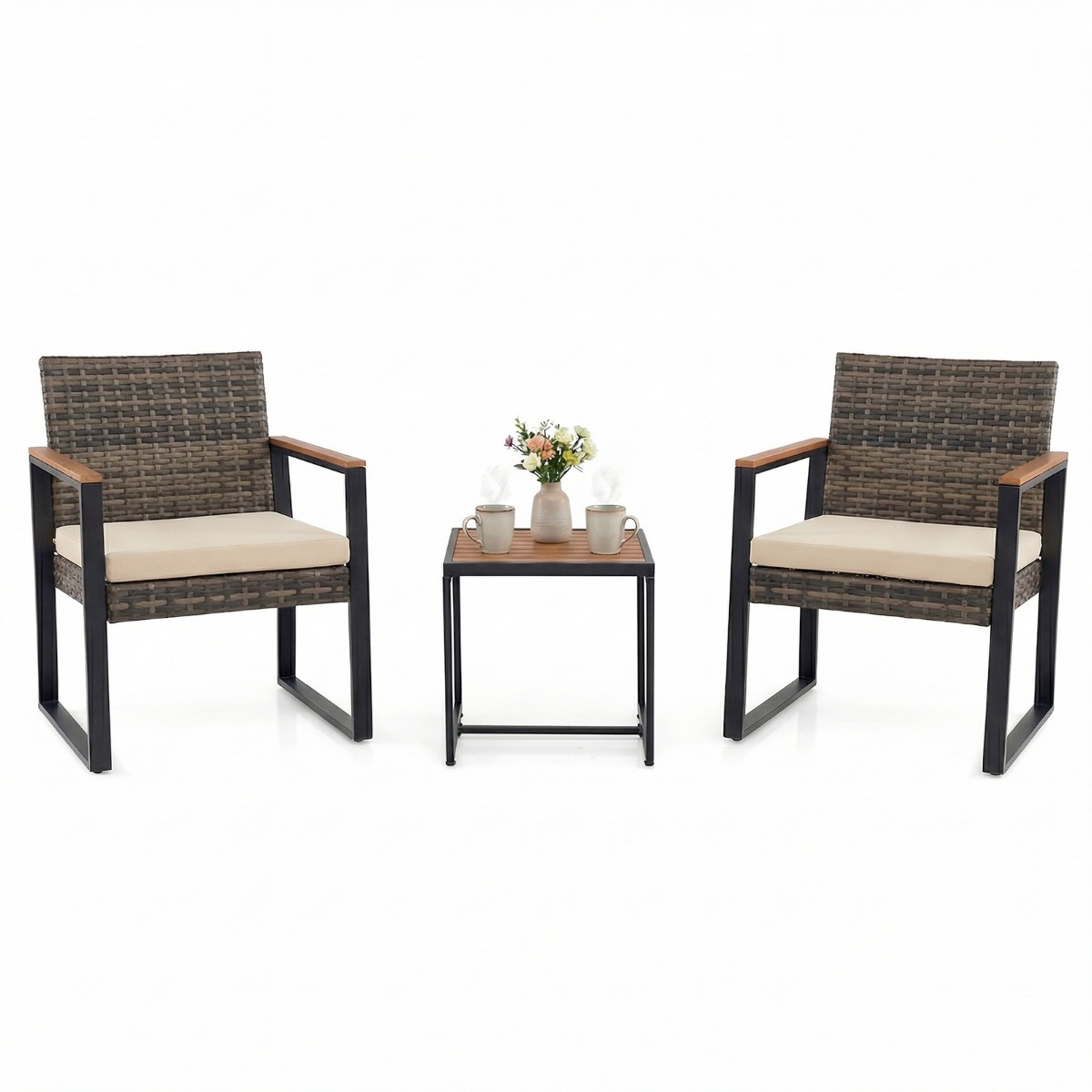 Conjunto de Muebles de Jardín de 3 Piezas de Ratán PE con Mesa y Sillas de Exterior con Respaldo Inclinado y Cojines Color Crema para Patio Terraza o
