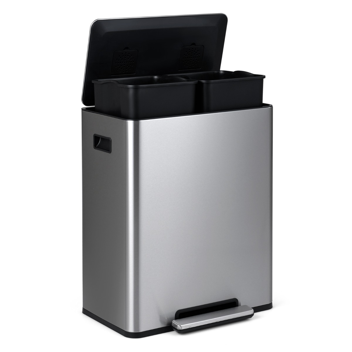 Cubo de Basura 60L para Cocina con 2 Compartimentos Cajas Desodorizantes Tapa Pedal Asas Laterales para Comedor Salón Gris Plata Costway