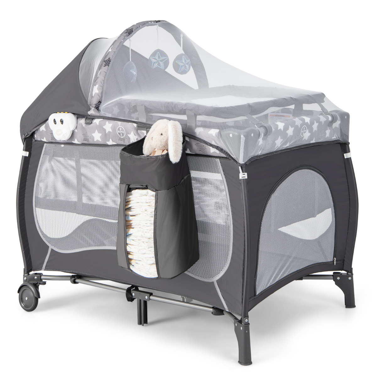 5 en 1 Cuna de Viaje Plegable Centro de Guardería Portátil para Bebés con Moisés Cambiador Toldo Música Ruedas 102 x 72 x 74 cm Gris Costway
