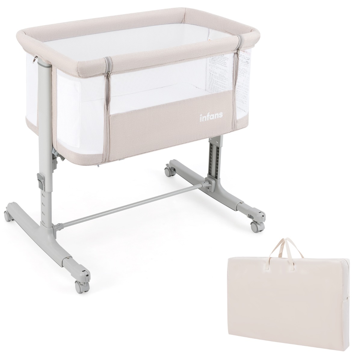 3 en 1 Cuna Infantil de Viaje con Altura Ajustable en 5 Niveles Inclinación de 10° Colchón Transpirable Bolsa para Bebés Beige Costway