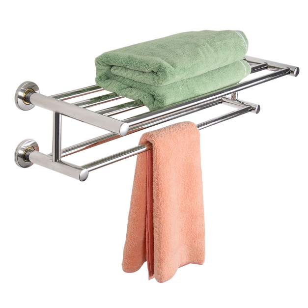 Toalleros para baño, toallero de pared de 2 niveles con estante de madera,  toallero de pared de metal montado para toallas para baño pequeño
