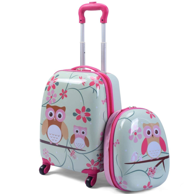 Conjunto de Maleta de viaje Búho para ninños 2 en 1 Lindo equipaje con  ruedas con Mochila - Costway