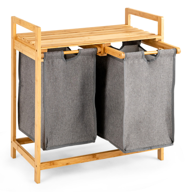 Cesto plegable para la ropa sucia con tapa, canasta doble alta para la ropa  sucia con asas dobles integradas y marco de bambú para almacenamiento de
