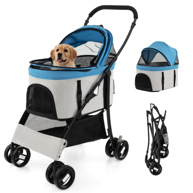 Cochecito de perro para gatos y perros, carrito de cuatro ruedas con  cubierta climática, con cesta de almacenamiento para perros y gatos  pequeños y