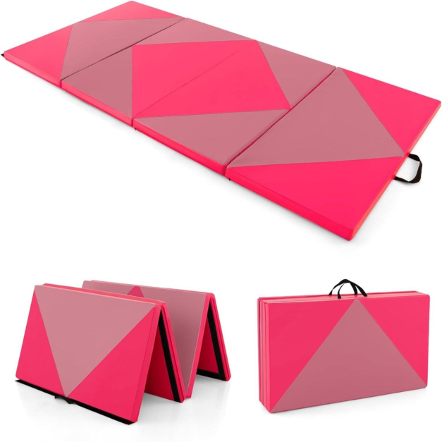 Colchoneta de Gimnasia Plegable Tapete de Tumbling de Piel PU con Cierres  de Velcro para Yoga 240 x 117 x 5 cm Rosa y Rojo - Costway
