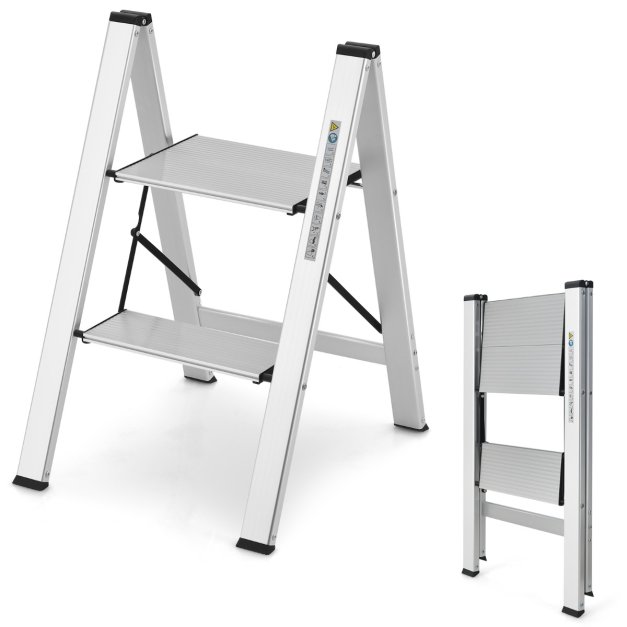 Escalera de 2 Peldaños Plegable de Aluminio con Pedal y Almohadillas de Pie  Antideslizantes 49 x 44 x 66 cm - Costway