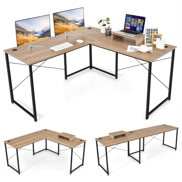 Escritorio en forma de L, escritorio de esquina en forma de L con estantes  de almacenamiento, mesa de juegos industrial larga para 2 personas