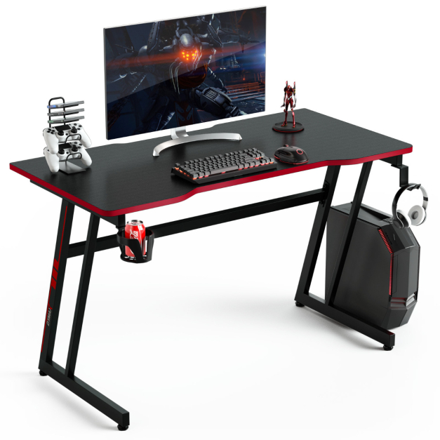 Escritorio de Gaming 120 cm Mesa Ergonómica de Videojuegos y para Ordenador  Forma de Z Superficie en Fibra de Carbono Rojo 120 x 60 x 73 cm - Costway