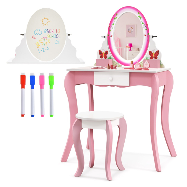 Juego de tocador y taburete rosa para niños de 3 a 8 años, mesa de
