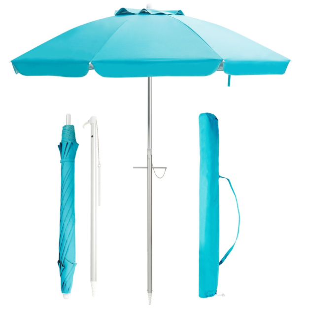  Sombrilla de playa portátil de 7.5 pies, incluye protección UV  50+, botón de inclinación, anclaje de arena y bolsa de transporte, ideal  para uso en exteriores : Patio, Césped y Jardín