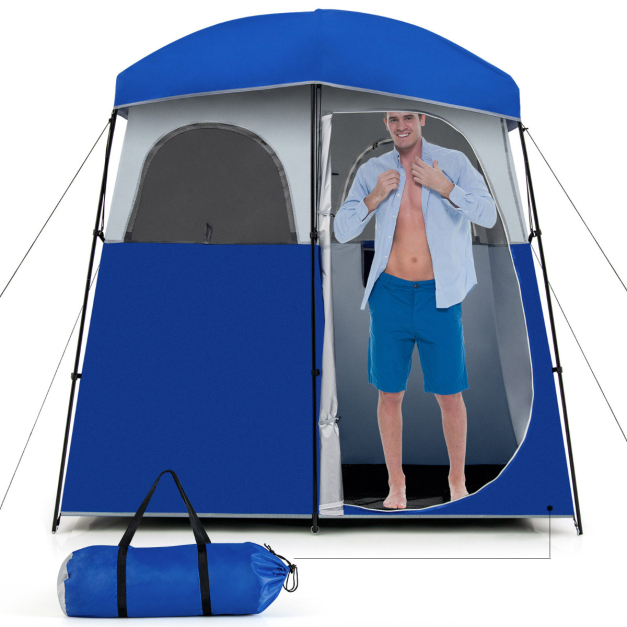 Tienda de Ducha para Camping Dos Habitaciones Tienda de Privacidad  Vestuario Portátil Carpa de Baño 210 cm x 106 cm x 222 cm Azul - Costway