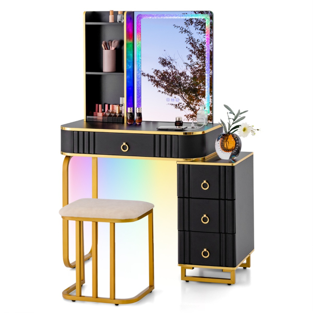 Escritorio de tocador con espejo iluminado LED, juego de tocador con cajón  y taburete acolchado, mesa de maquillaje moderna con espejo de brillo