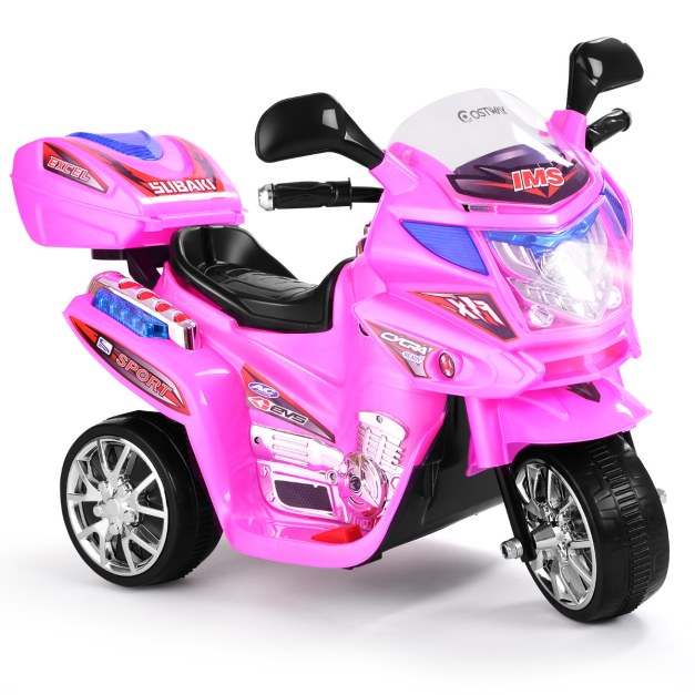 Moto Montable para Niños Moto Eléctrica Juguete de Batería 6 V con 3 Ruedas  Música Incorporada Focos Función Adelante y Atrás Rosa - Costway