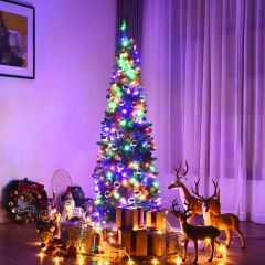 Costway 198 cm Árbol de Navidad Artificial Abeto de Bisagra Iluminado con 708 Ramas con 250 Luces Led Coloreadas Base Plegable de Metal