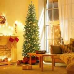 Costway 225 cm Árbol de Navidad Decorativo Abatible Pre-Iluminado con Luces LED Multicolores 648 Puntas de Ramas Soporte Plegable